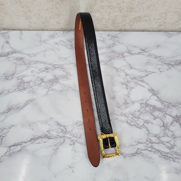 Kleinberg Sherrill Vintage Black Lizard Textured Leather Belt with Gold Buckle